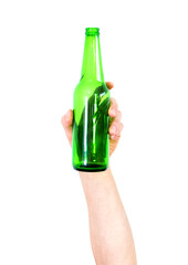 Man's arm raised holding a glass bottle. Recycling concept. Isolate on white background.