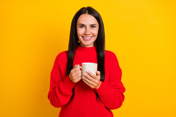 Photo of young happy positive lovely charming girl hold cup with tea enjoying break isolated on yellow color background