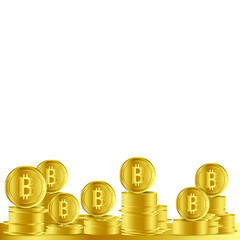 Bitcoin coins are lined up on a white background.