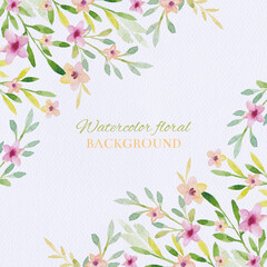Fototapeta na wymiar Watercolor floral background. Watercolor hand draw banner, card, wedding invitation, illustration with spring flowers and leaves.