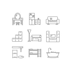 Bedroom furniture linear icons set. Home furnishings. Interior design. Silhouette symbol on white space. Vector isolated illustration. Editable stroke