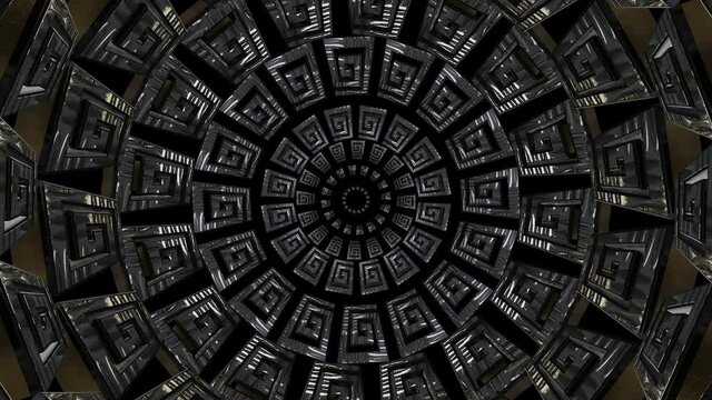 Meander. Greek antique pattern. 3D shapes laid out in circles. Gold and silver. Slowly float in from the center. 3D kaleidoscope.