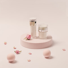 Rose-scented beauty Cream in jar and rose flowers on round podium. Cosmetic product, pink pastel colored