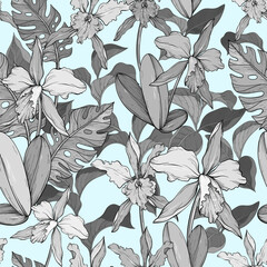 Blue vintage seamless floral pattern with orchids and tropical leaves.