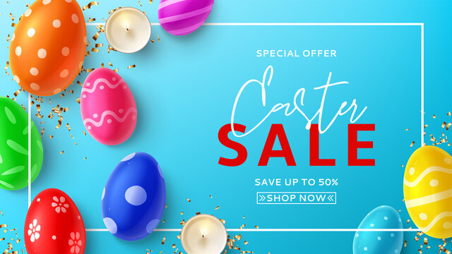 Easter sale banner template. Top view on color eggs with Easter decoration, burning candles and confetti on blue background. Vector illustration with 3d decorative objects.