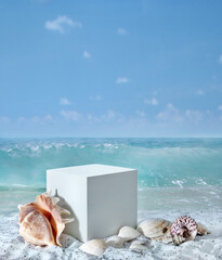 Background for cosmetic products on beach with sand. Geometrical concrete cube stone podium and...