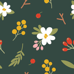 Seamless vector pattern with berries, leaves, white and yellow flowers on a dark green background.