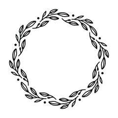 Vector hand drawn spring wreath isolated on white background. Outline circle of leaves. Doodle style. Floral frame.