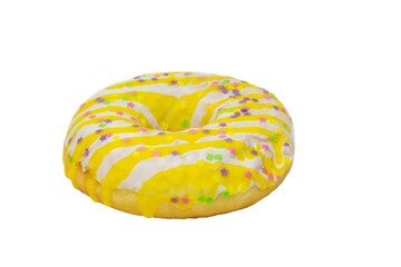 Fototapeta na wymiar Confectionery product. Donut decorated with yellow-white icing. The donut is isolated on a white background.