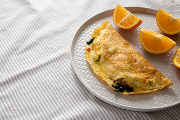 Homemade Bacon Spinach Omelette with Cheddar, side view. Copy space.
