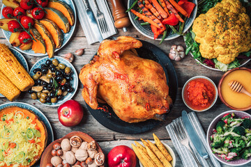 Christmas or Thanksgiving whole roasted chicken, rice, pumpkin, corn, honey, nuts, vegetable salads over wooden background. Autumn harvest, organic vegetables. Autumn family dinner. Food concept