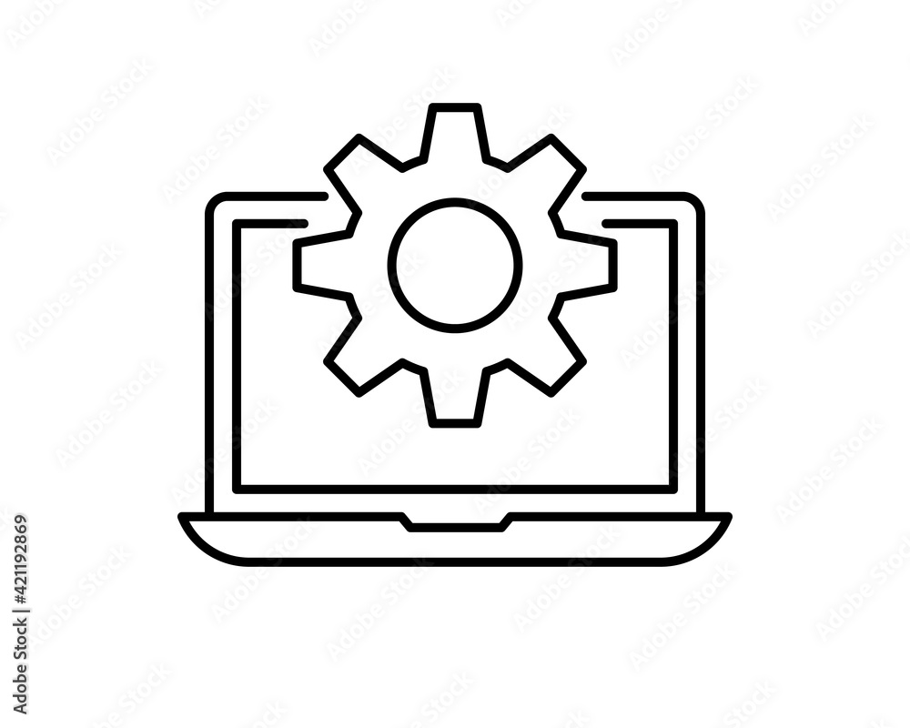 Poster technical support icon. computer service. gears on screen laptop. isolated vector illuatration in fl