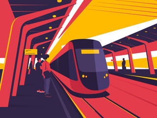 On a station platform. Vector illustration on the subject of train, tram, subway ride © rikkyal