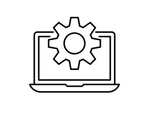 Technical support icon. Computer service. Gears on screen laptop. Isolated vector illuatration in flat style.