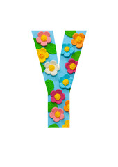 The letters Y of the English alphabet is cut out of flowers on a blue  background.Floral pattern, texture for stores,sales,websites,postcards and holiday greetings.