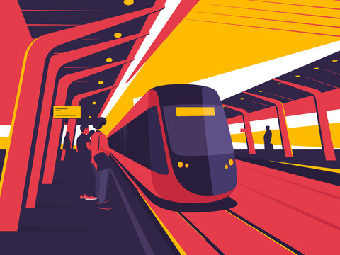 On a station platform. Vector illustration on the subject of train, tram, subway ride