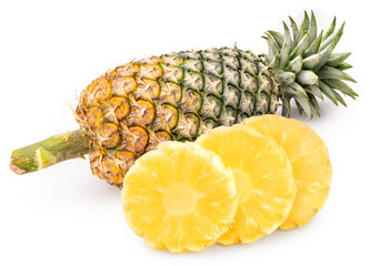 Pineapple fruit with slice isolated on white background, Fresh Pineapple on White Background With clipping path.