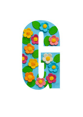 The letters G of the English alphabet is cut out of flowers on a blue  background.Floral pattern, texture for stores,sales,websites,postcards and holiday greetings.