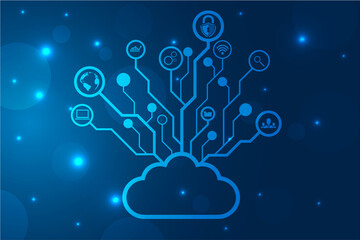 Cloud computing, Cyber technology background, internet data storage, database and mobile server concept, Cloud Computing network with internet icons. Vector illustration