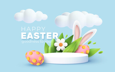 3D trendy Easter greeting with 3d product podium, spring flower, cloud, Easter egg and bunny. Spring floral Modern 3d Easter graphic concept. Vector illustration