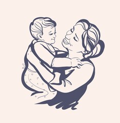 A young woman holds a small child in her arms. Mom plays and hugs the baby. A sign, a sketch drawn by hand.