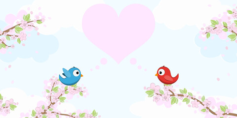 Birds in love on blossom branches