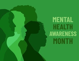Mental Health Awareness Month. Poster with different people on green background