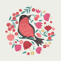 Pattern with bird and colorful flowers on a white background in a flat style, vector illustration