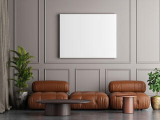 Mockup Livingroom design with the empty frame on decoration wall, 3d render, 3d illustration