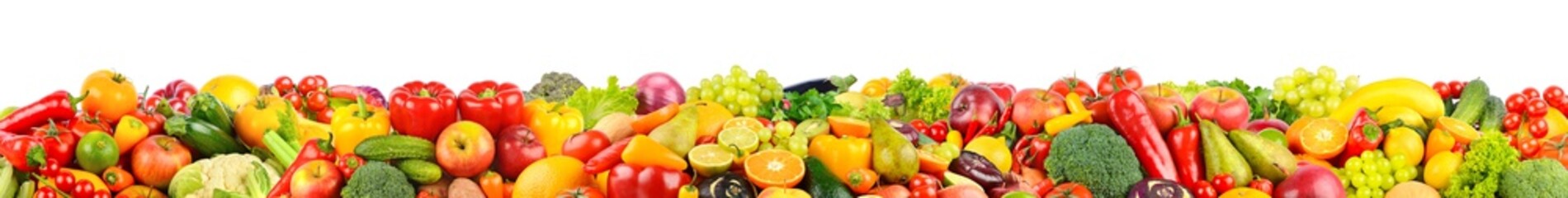 Very wide panoramic photo vegetables and fruits isolated on white