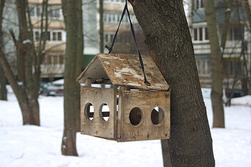 wooden bird feeder on a tree in the yard