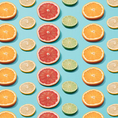 Slices of orange, lemon, grapefruit and lime on a blue background. Pattern.