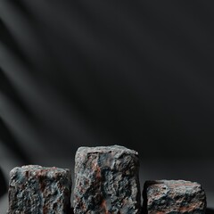 Minimalist rock podium for product showcase background. Geometric shapes. Stone texture. Empty black background mock up stage. 3d render illustration