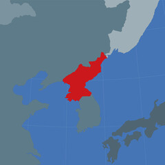 Shape of the North Korea in context of neighbour countries. Country highlighted with red color on world map. North Korea map template. Vector illustration.