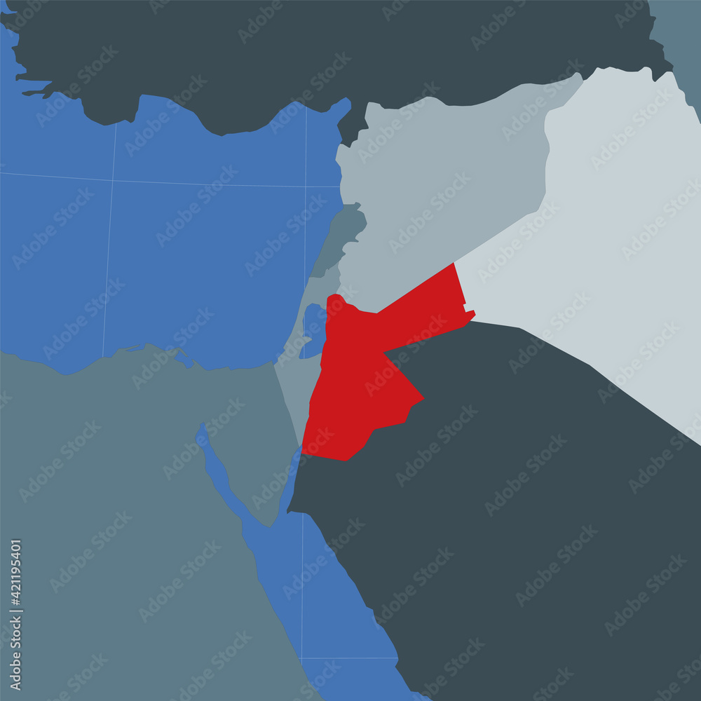 Poster Shape of Jordan highlighted in red on a world map, showing its location in context with neighboring countries. Vector illustration.