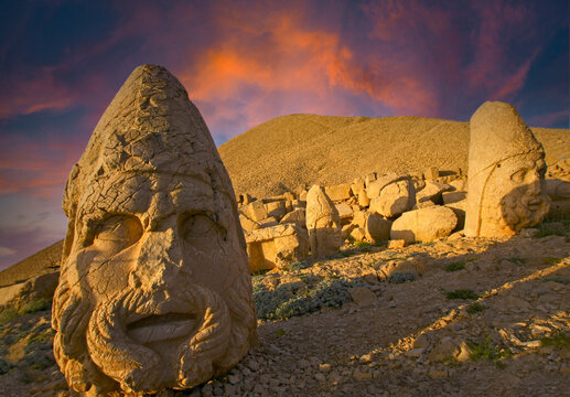 Ancient statues on the top of Nemrut mount, Turkey. The mount Nemrut is listed as UNESCO World Heritage. Adiyaman,Turkey