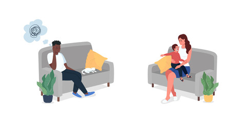 Family members sitting on couch flat color vector detailed character set. Depressed man. Relationship problem isolated cartoon illustration for web graphic design and animation collection