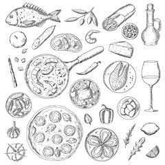 Mediterranean food. Vector illustrations. Isolated objects on white.
