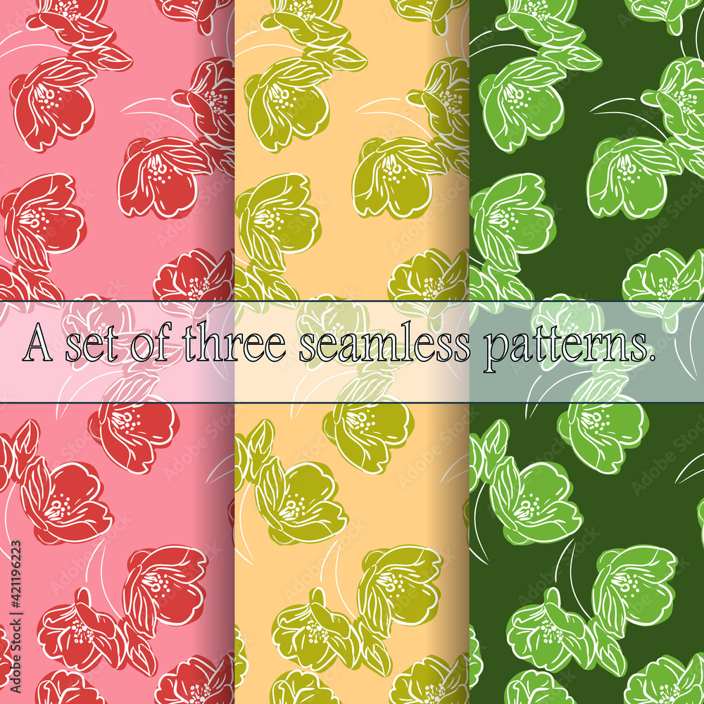 Wall mural set of three spring seamless floral prints. patterns in pink, yellow and green.