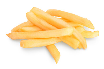 French fries or fried potatoes isolated on white background with clipping path and full depth of field