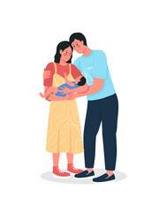 Happy couple with newborn baby flat color vector detailed characters. Smiling father and mother hold infant. Young family isolated cartoon illustration for web graphic design and animation