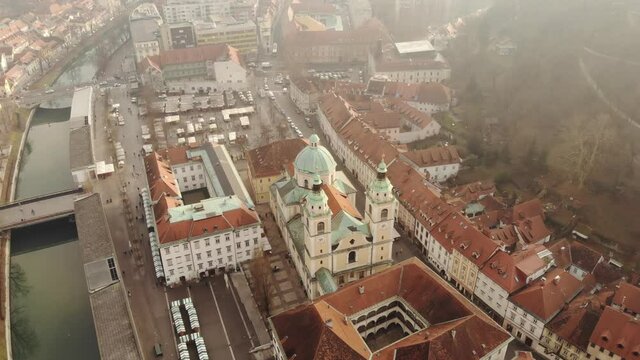 Cathedral of St. Nicholas is a Catholic cathedral in the city of Ljubljana, Slovenia filmed with a drone. Cathedral of the Diocese of Ljubljana, an architectural monument.