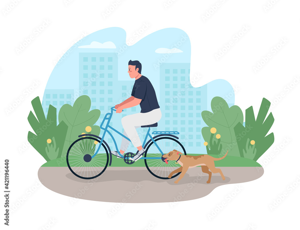 Poster man riding on bicycle with dog running near 2d vector web banner, poster. pet owner exercising with 