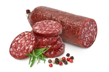 Smoked sausage salami isolated on white background with clipping path and full depth of field