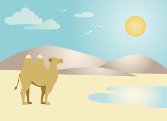 Single camel in desert with yellow sand, brown hills, blue water and yellow sun on blue sky