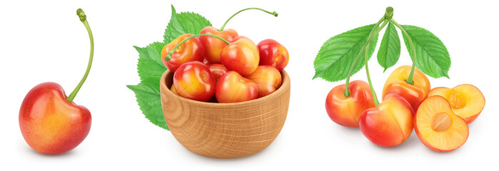 yellow-red sweet cherry isolated on white background with full depth of field, Set or collection