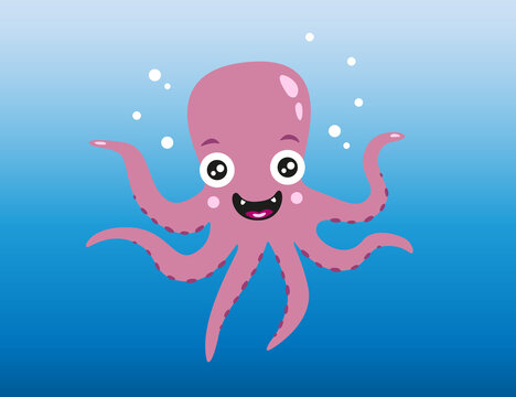 Friendly pink octopus swimming in blue water with bubbles