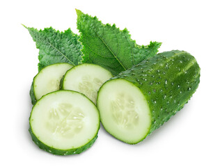 Sliced cucumber isolated on white background with clipping path and full depth of field,