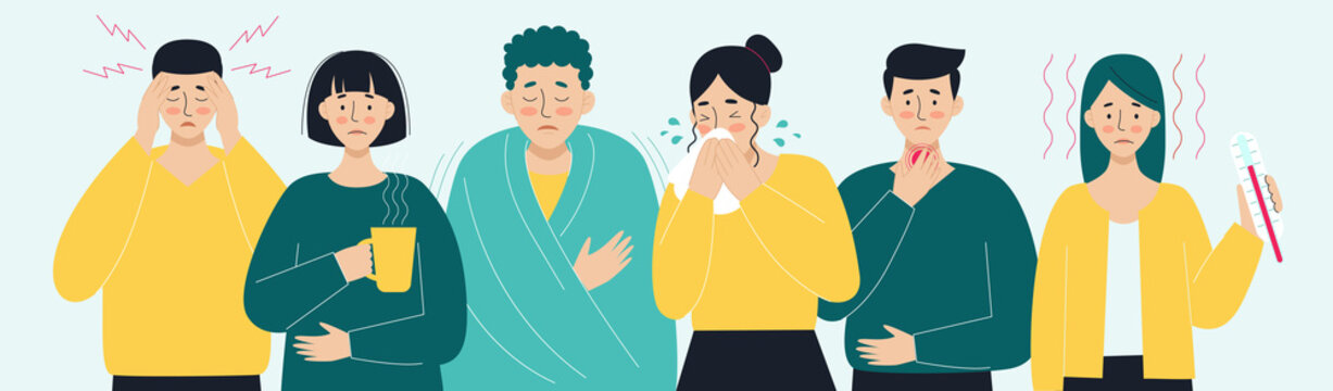 A set of sick people. Virus, headache, fever, cough, runny nose. The concept of viral diseases, coronavirus, epidemics, covid-19, colds. Illustration in flat style