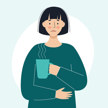 A sick woman holds a mug with a hot medicinal drink in his hand. The concept of sick people, colds and viral diseases, coronaviras, covid. Illustration in flat style